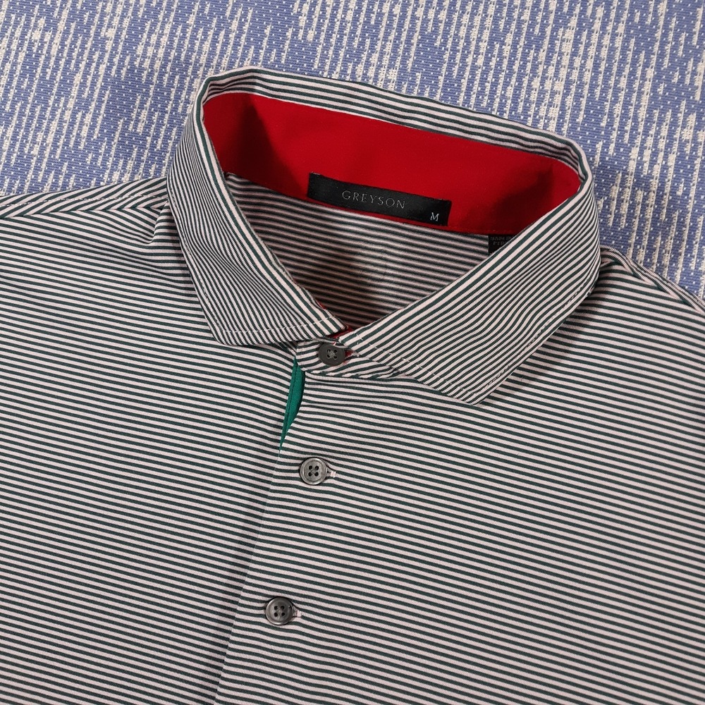 Greyson Golf Polo Shirt Mens Medium Performance Stretch Green Pink Striped Wolf